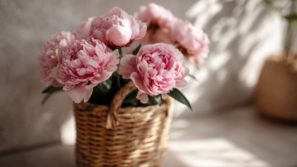 Bouquet de plantes décoratives comestibles avec de pivoines roses