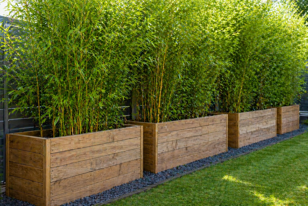 Haie de bambou en pot dans des bacs en bois