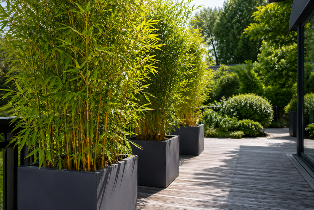 Bambou en pots gris foncé le long d'une terrasse