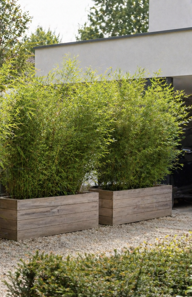 Bambou en haie dans bacs en bois