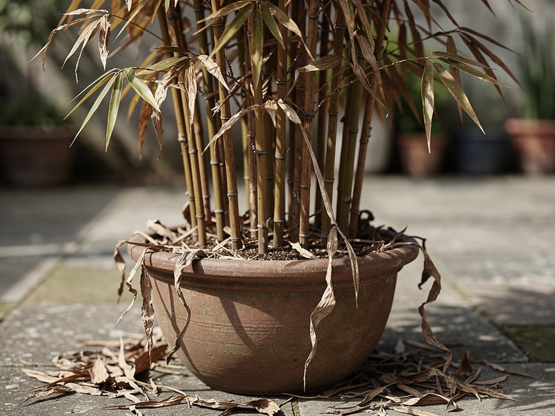 Bambou en pot avec feuilles mortes