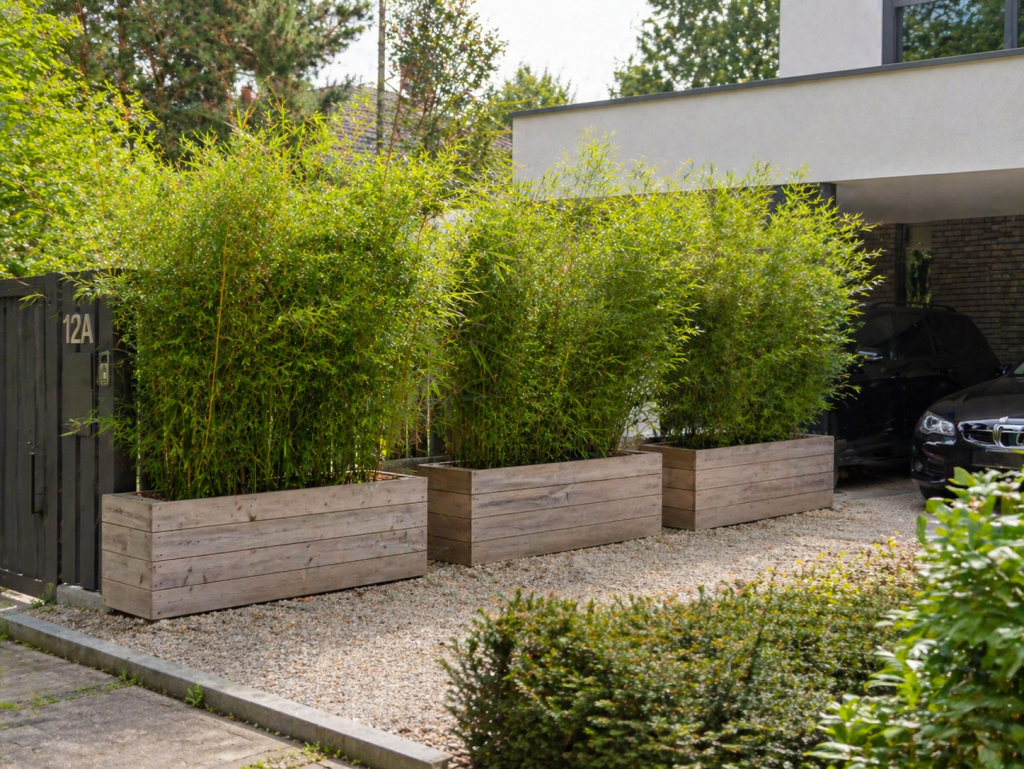 Bambou en pot dans bacs en bois