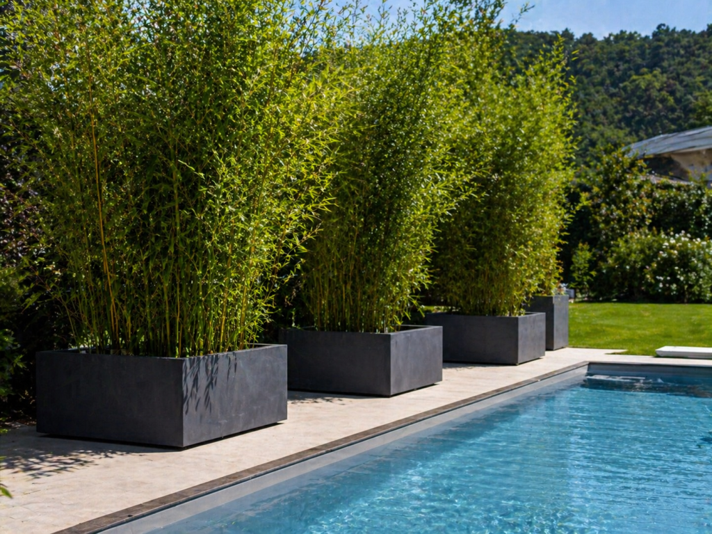 Bambou en pots gris près piscine