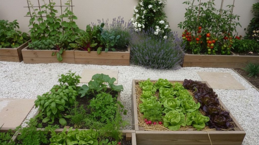 Potager en carrés sur un gravier