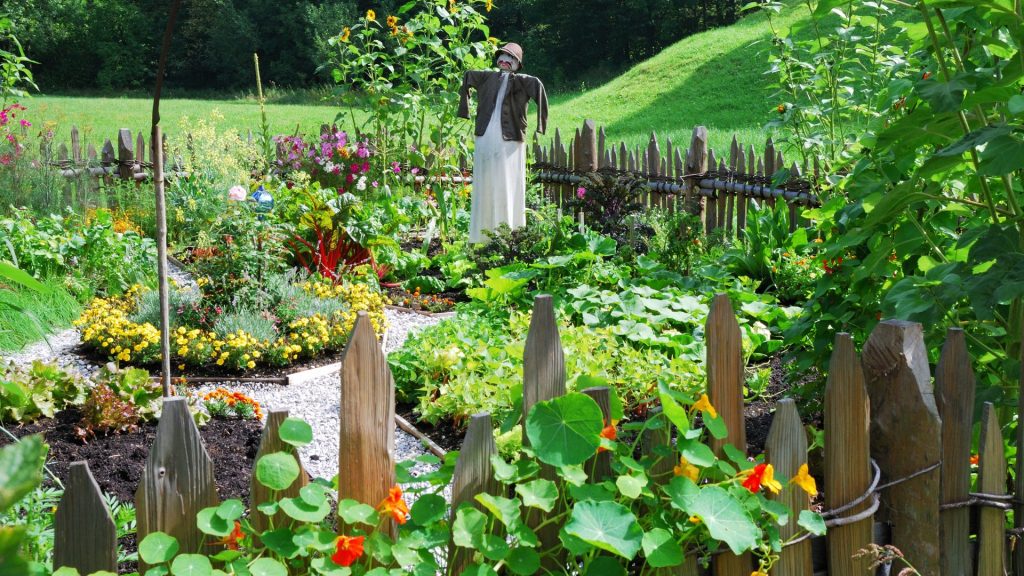 Jardin potager fleuri avec statue