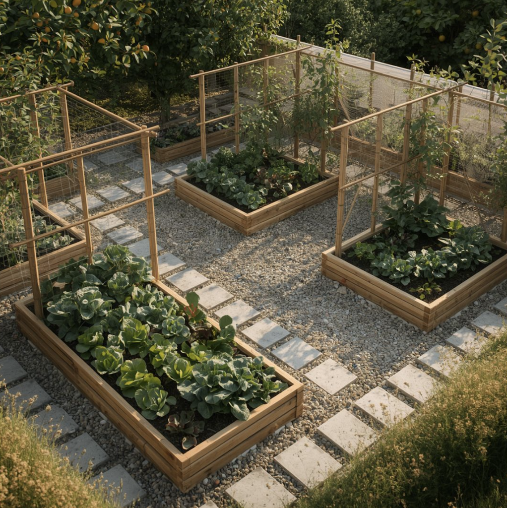Potager en carrés dans le jardin