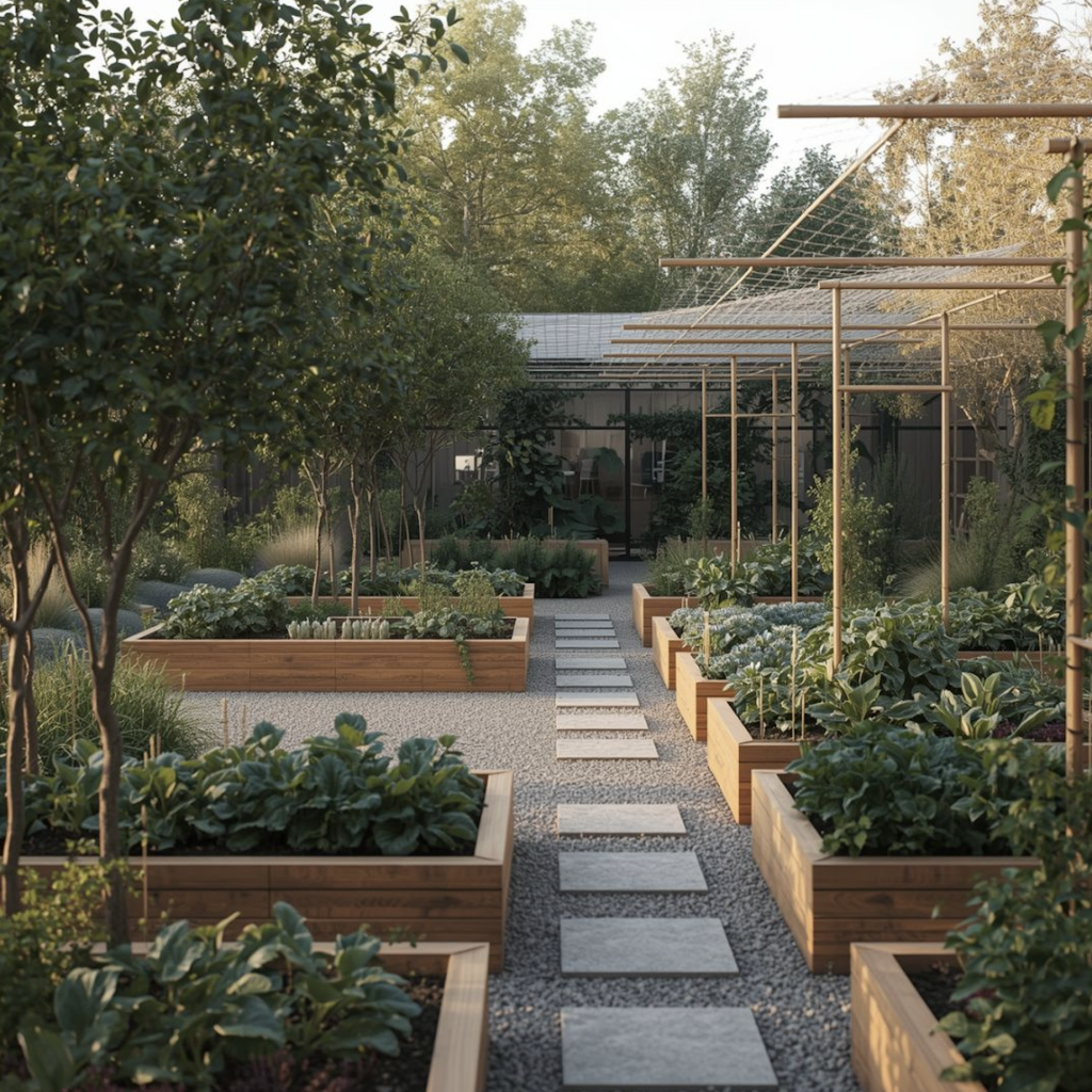 Allée bordée de potager en carrés