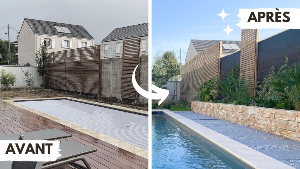 Avant/après d'un mur de jardin près d'une piscine