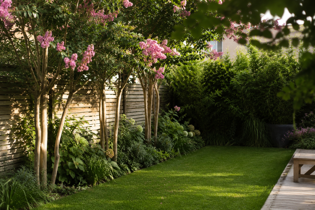 Arbres au jardin avec fleurs roses