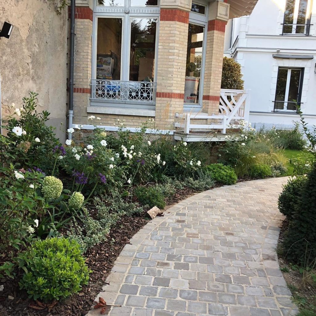 Fleurs blanches qui bordent l'allée