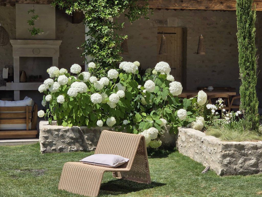 Jardin avec hortensias blancs et transat sur terrasse